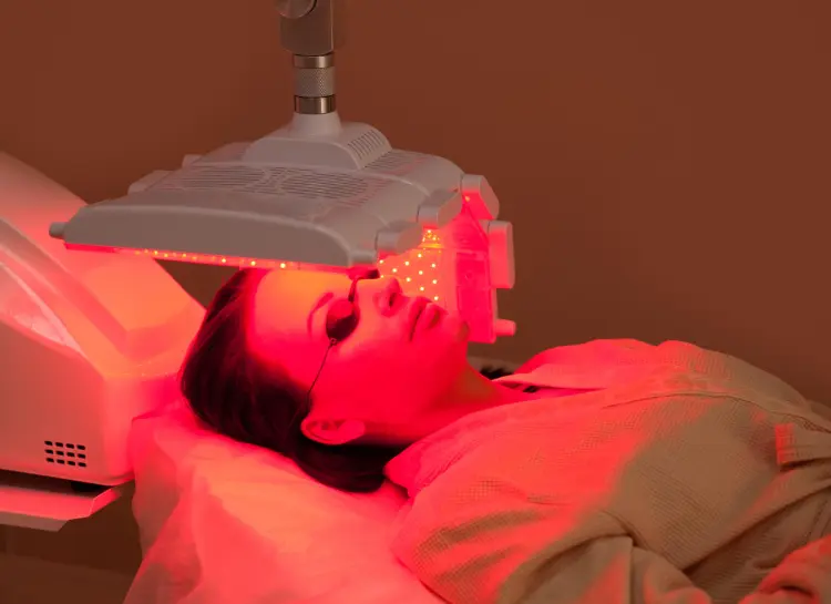 Cosmetic nurse applying LED panel in a Hobart treatment room